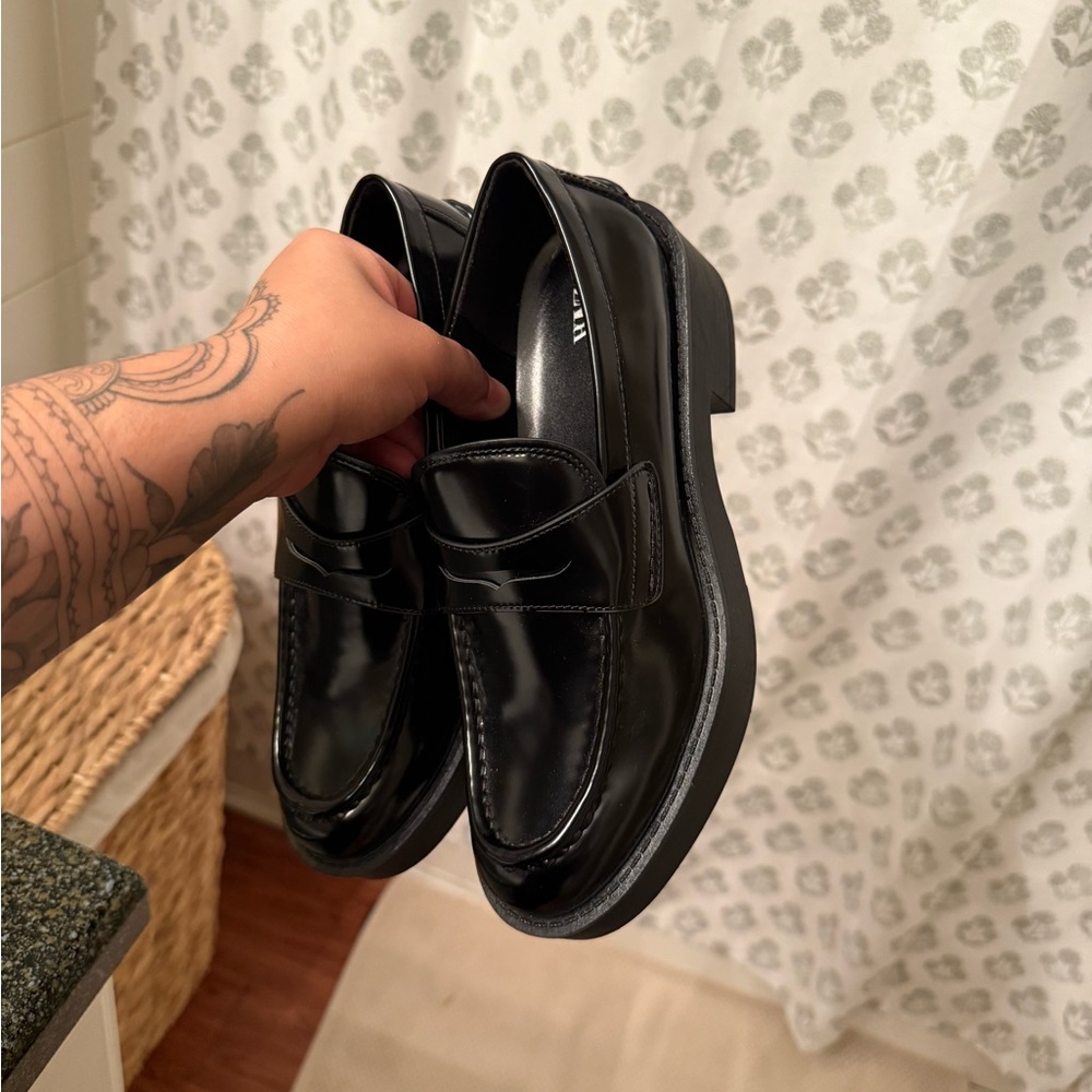 Zara Black Leather Loafers with Platform Sole